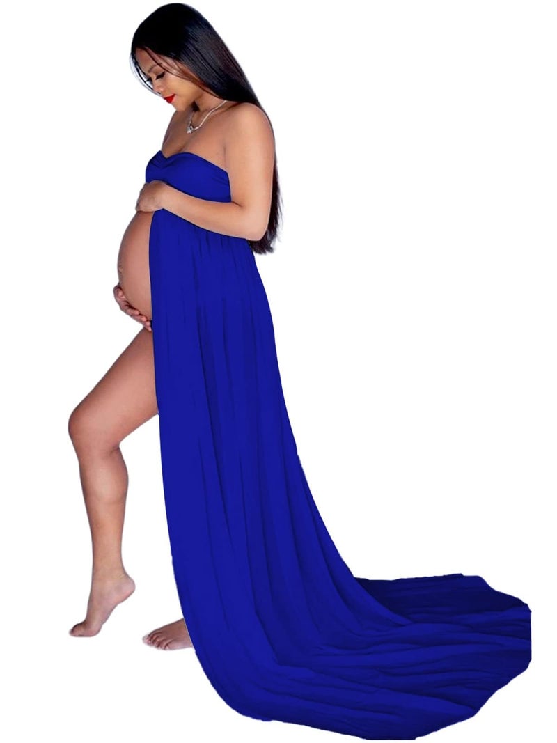 YnimioAOX Women's Off Shoulder Strapless Sweetheart Maternity Dress for Photography Split Front Chiffon Gown for Photoshoot,Navy - Image 1